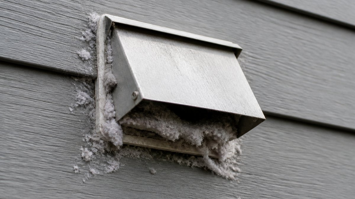 Close-up of lint accumulation around a dryer's exterior vent opening on a home's exterior wall, with white lint visible against gray siding and a metal vent flap