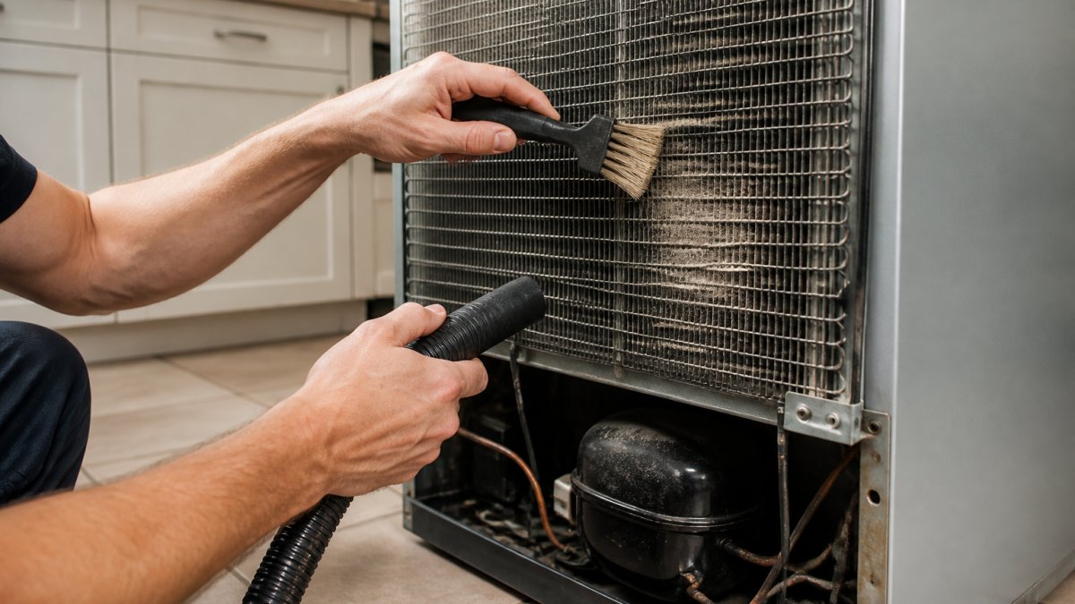Professional technician's hands cleaning refrigerator condenser coils with a soft brush, showing accumulated dust and debris being removed from the metal fins in a home kitchen setting