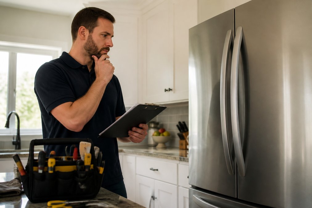 Homeowner inspecting a refrigerator with a clipboard to determine if appliance repair is the right choice.