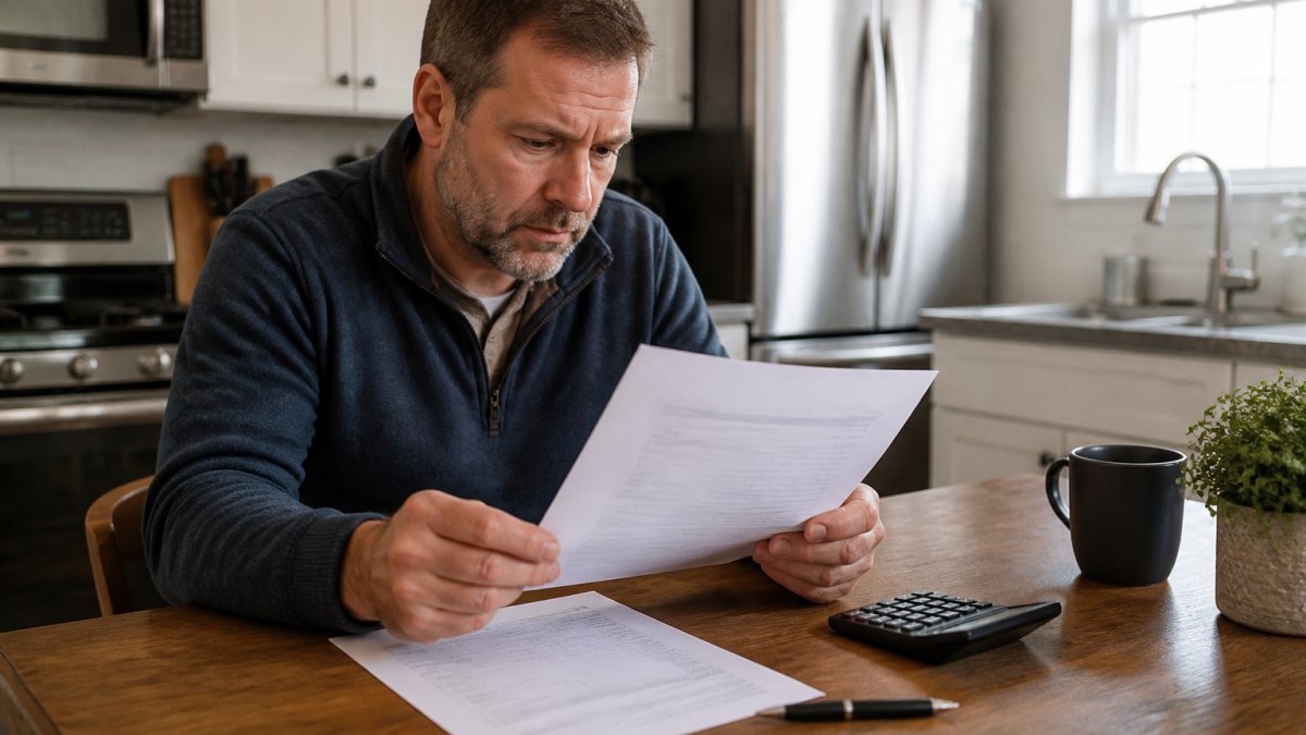 Homeowner carefully reviewing an itemized appliance repair estimate at a kitchen table with a calculator and pen, examining the written quote closely under natural light