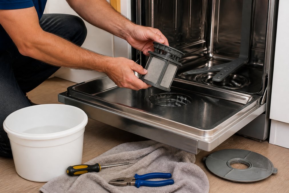 Hands removing a dishwasher filter for loud noise repair in a kitchen
