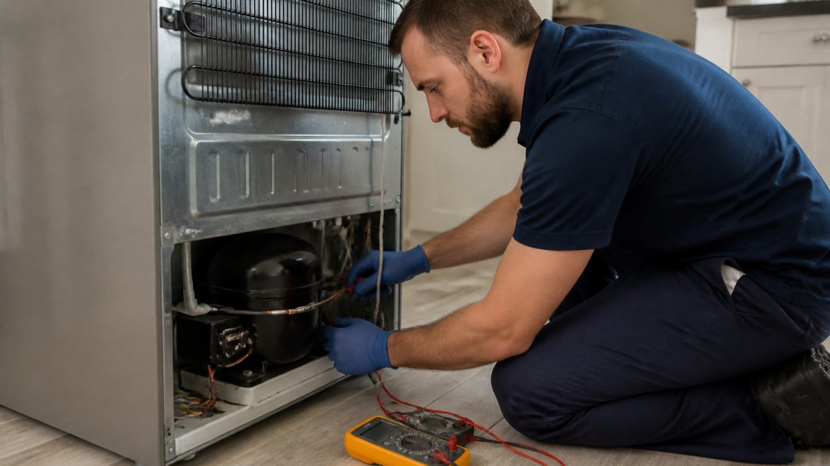 Professional technician wearing safety gloves performing a refrigerator repair with specialized tools
