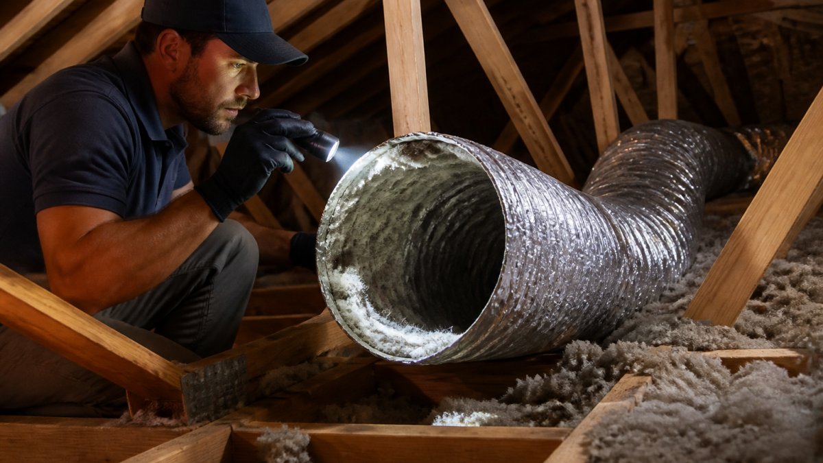 Professional technician using flashlight to inspect dryer vent ductwork inside an attic space, examining lint buildup and duct configuration along the run