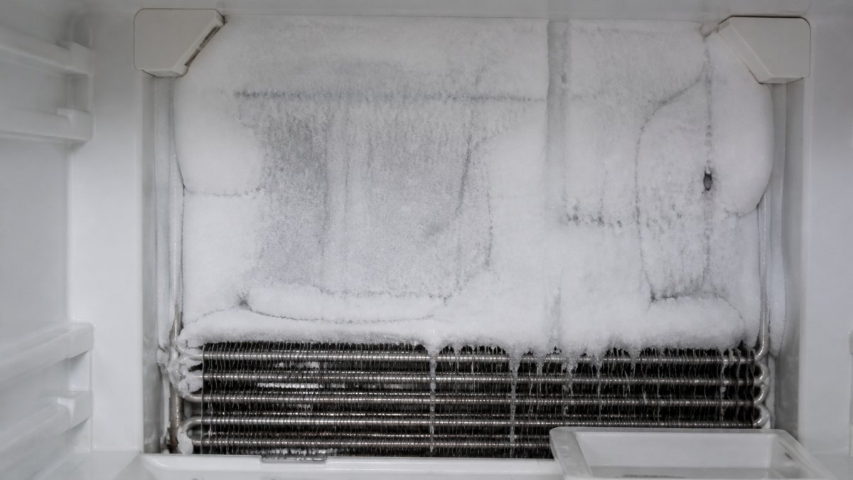 Close-up of frost buildup accumulating on the back interior wall of a refrigerator with visible condensation and ice crystals forming, showing clear cooling system failure