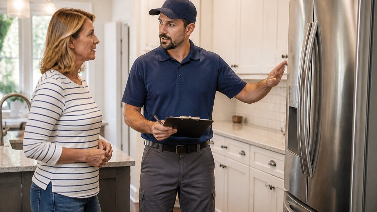 Homeowner speaking with licensed appliance repair technician in kitchen, technician holding notepad while pointing at refrigerator and explaining repair options, natural kitchen lighting