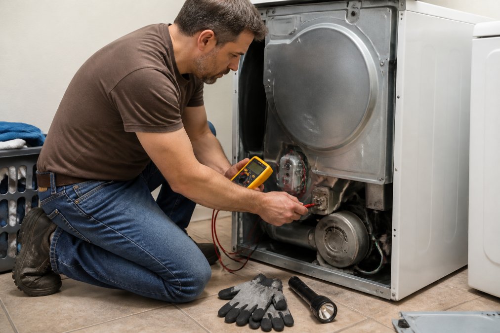Homeowner using a multimeter to test a thermal fuse on a dryer not heating properly