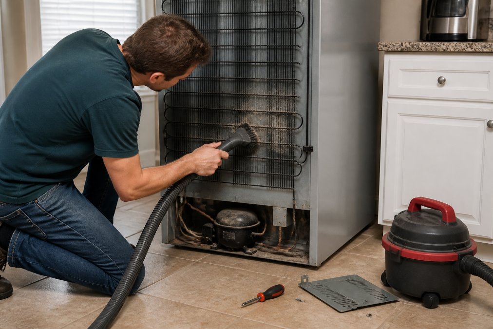 Homeowner vacuuming thick dust from refrigerator condenser coils to fix a refrigerator not cooling issue.