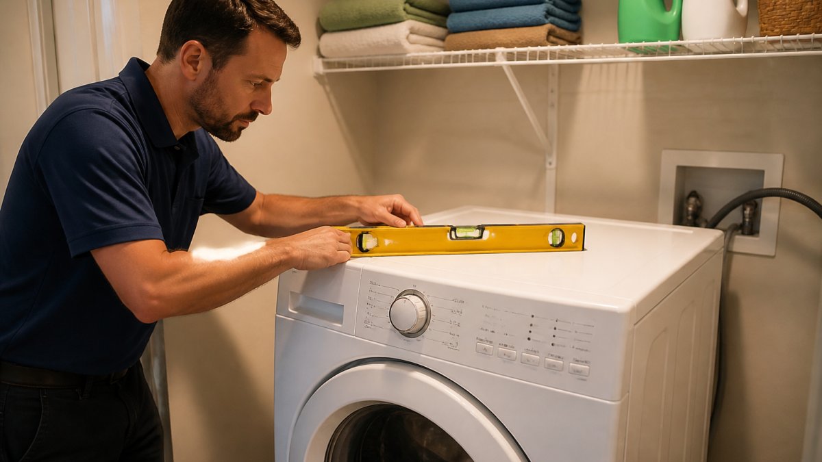 Homeowner using a spirit level on a front-loading washer to fix a washing machine that is off balance