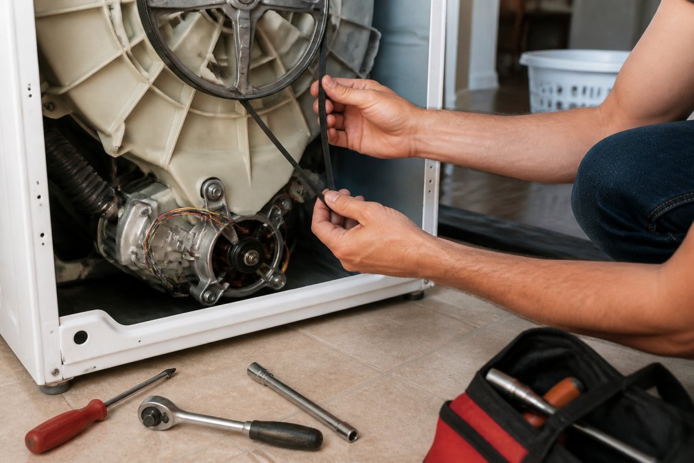 Hands inspecting a washer drive belt to learn how to fix a washing machine that won't spin after removing the panel.