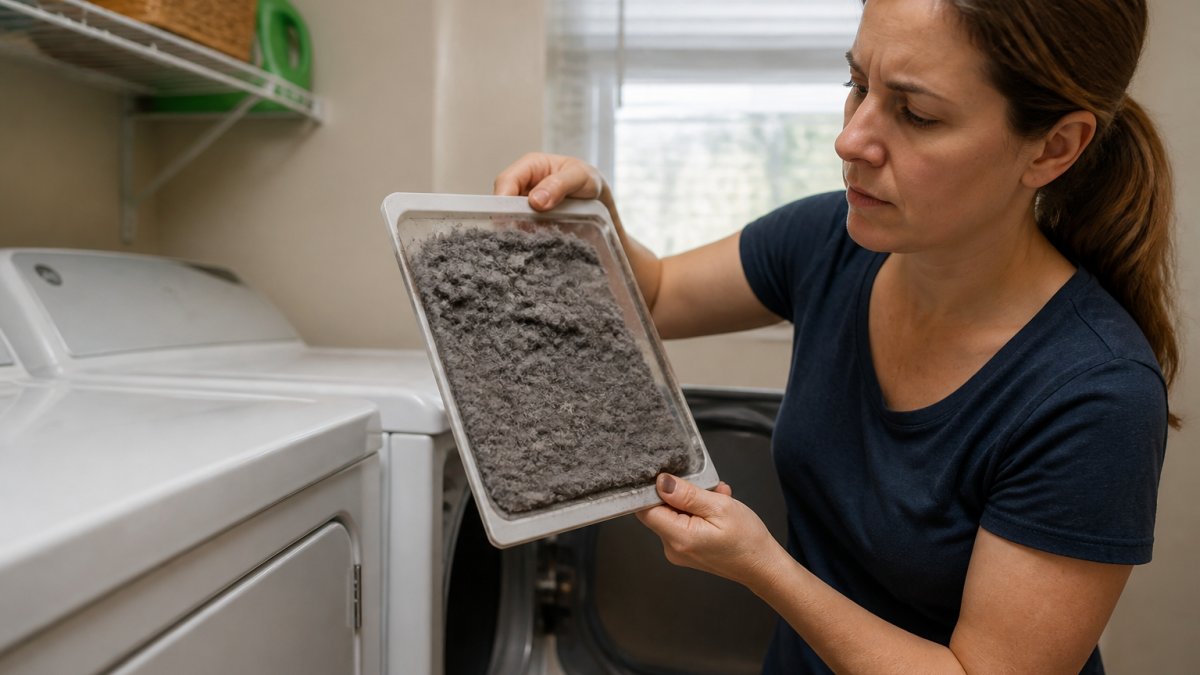 A homeowner in a laundry room pulling a lint trap thick with compacted lint from the top of a dryer, with the dryer door open behind them