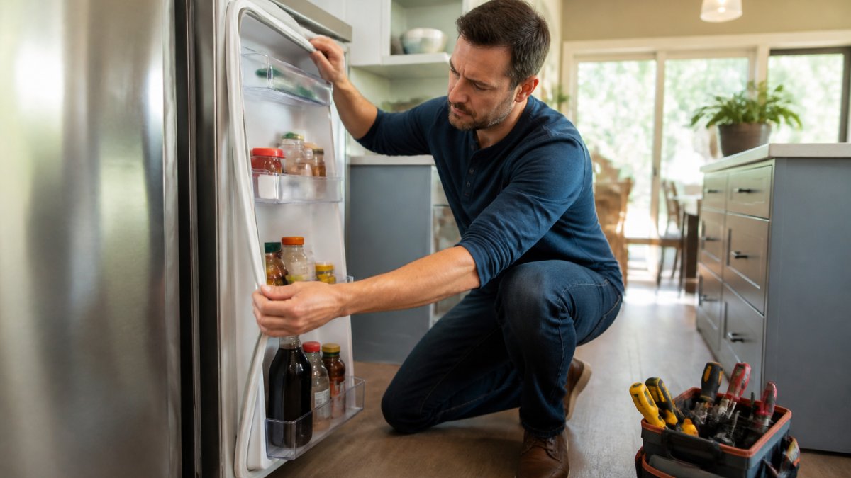 A homeowner kneeling in front of an open refrigerator in a bright kitchen, checking the door seal and interior temperature with a concerned but focused expression