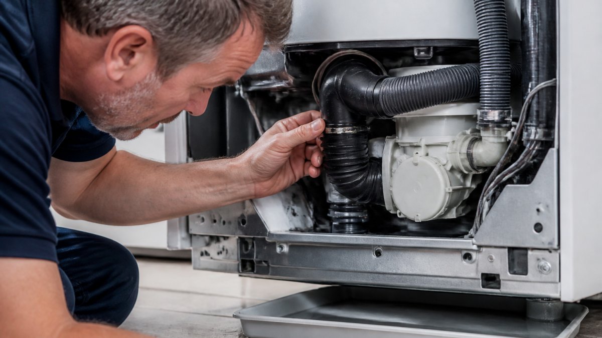 Diagram showing technician checking drain pump and hoses for same-day washer repair leak diagnosis