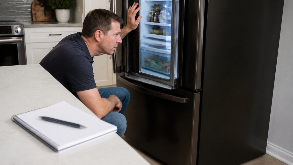 A homeowner kneeling beside an open refrigerator in a bright kitchen, listening closely with one hand on the door frame, a notepad and pen on the counter nearby
