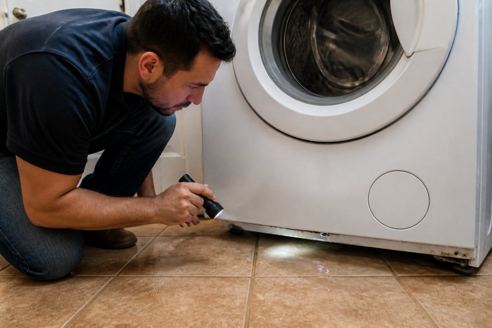 Homeowner using a flashlight to inspect a washing machine leaking water onto a tiled laundry room floor